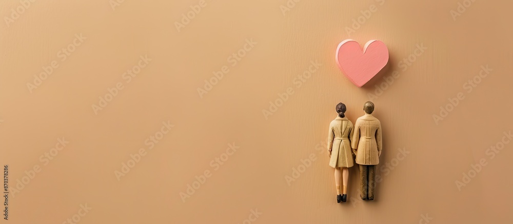 Poster Flat lay top view of couple figurines with a pink heart on beige paper background, creating a visually appealing copy space image.