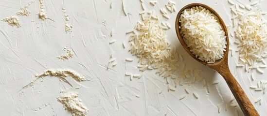 A scoop of long Basmati rice on a white background with copy space image. Vegetarian food concept, macro view, flat lay style.