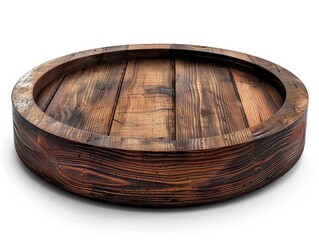 Round wooden tray or barrel lid made of natural wood. Isolated on white background