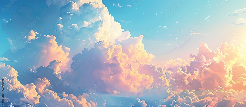 Poster a scenery with a vast blue sky scattered with massive clouds during sunset provides an excellent cop