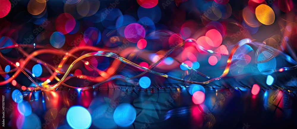 Poster colorful motion curls on a black backdrop with defocused blue and red bokeh, blurred neon leds, idea