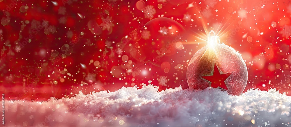Poster christmas-themed card featuring a snow-covered bauble with a star-shaped light flare on a red backgr