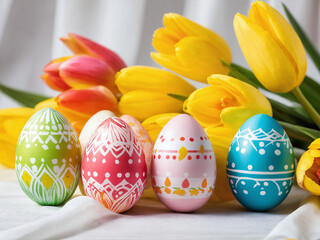 Fototapeta premium Decorated easter eggs with yellow tulips on white fabric