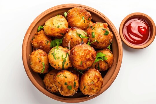 Onion pakode  Spicy Indian snacks in terracotta bowl