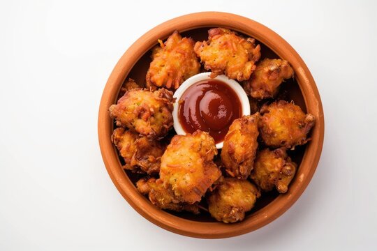 Onion pakode  Spicy Indian snacks in terracotta bowl