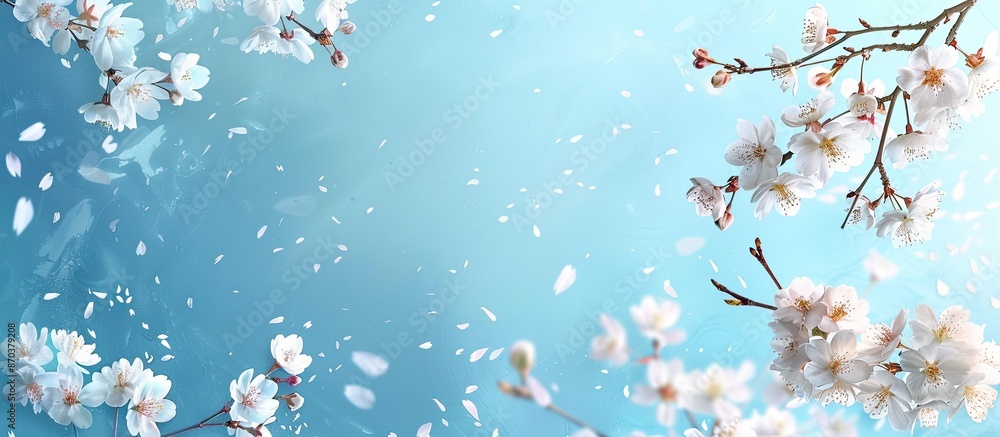 Poster a spring banner featuring cherry blossoms against a blue backdrop with room for text or images. imag