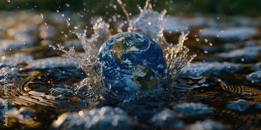Poster a small blue and green planet is in the middle of a large body of water. the water is splashing arou