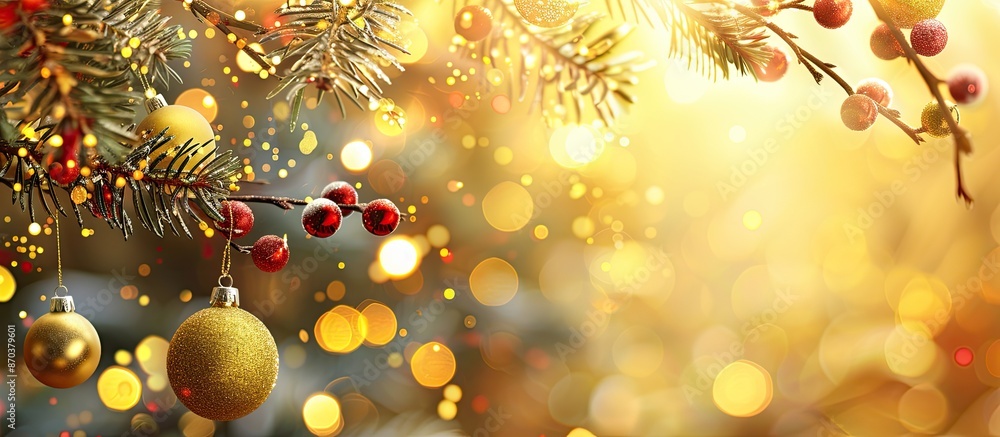 Poster a festive branch adorned with new year and christmas ornaments and balls set against a backdrop of y
