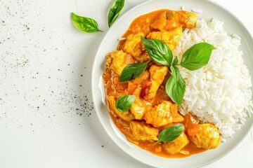 plate of chicken with curry sauce and rice isolated on white background  top view