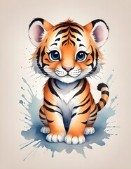 Fototapeta premium Cute little tiger cartoon in watercolor style