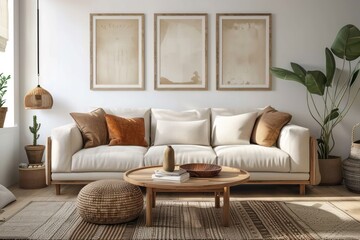 Stylish Modern Living Room: Scandinavian Design with Round Wooden Coffee Table Near Beige Sofas Against White Wall with Posters