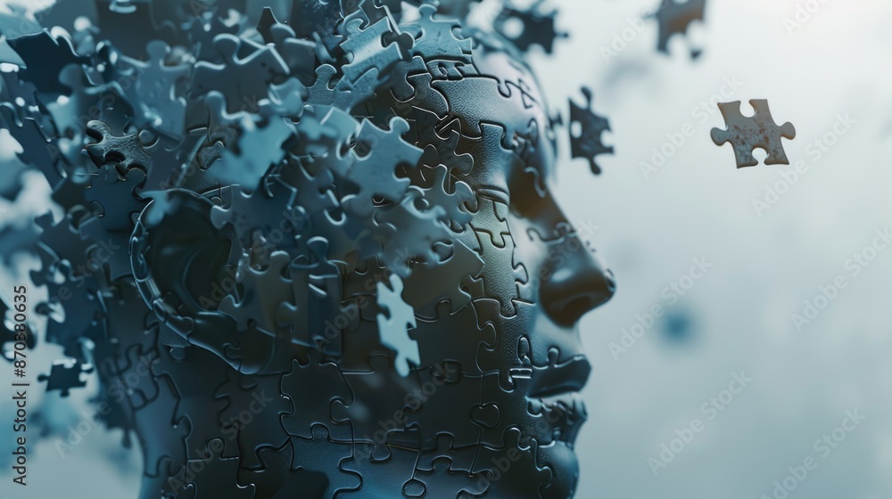 Poster a puzzle of a face with a missing piece. scene is incomplete and unfinished