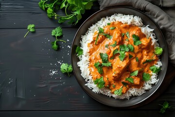 Top view of butter chicken with rice topped with cilantro on a dark wood surface