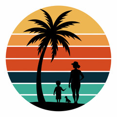 Vector art t- shirt design sunset style mom and son silhouette illustration.