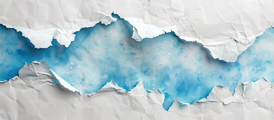 Naklejka premium A torn blue sky paper atop white and grey backgrounds, ideal for a bank copy space image.