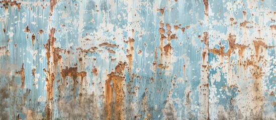 An old rusty metal plate painted in white and blue serves as a textured backdrop with a rusted galvanized wall giving a natural brown and grey pattern with a copy space image.
