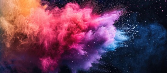 Fototapeta premium Colorful powder exploding against a black background creates an abstract and vibrant image with copy space.