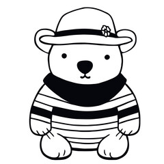 A cute white bear wearing a black and white striped shirt and a black hat