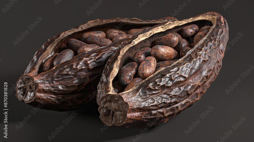 Poster two large brown pods of cacao beans are shown, one of which is open. the beans are scattered through