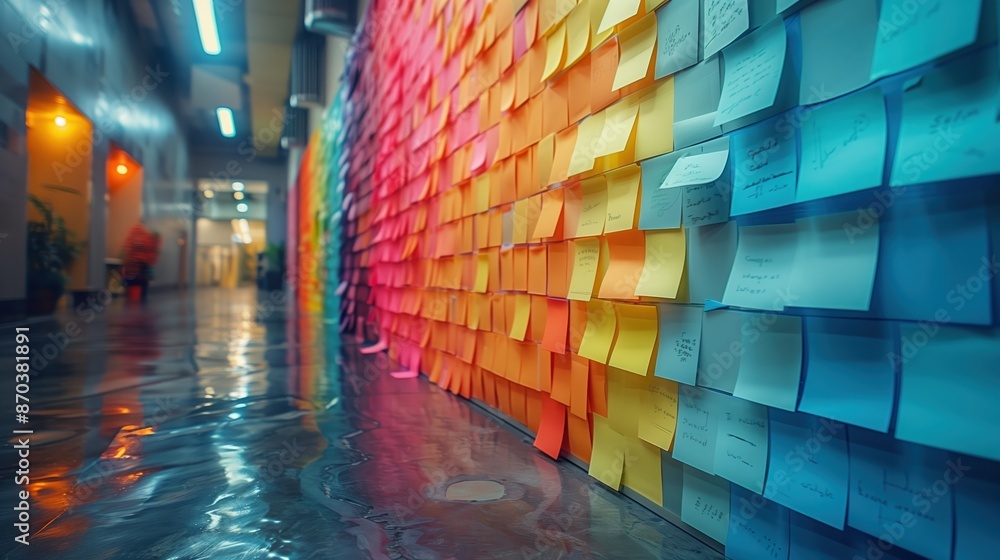 Poster hallway covered in colorful sticky notes. hallway covered in a rainbow of sticky notes, creating a v