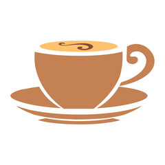 A brown ceramic coffee cup with a yellow saucer