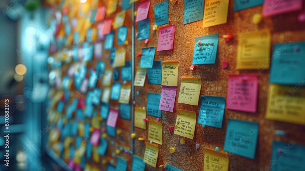 Poster bulletin board covered in sticky notes. bulletin board densely covered in colorful sticky notes, cap