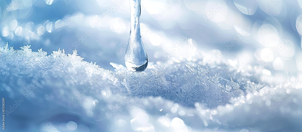 Leinwandbilder A delicate icicle rests on pristine snow, showcasing the allure of simplicity with a focus on the distinctive textures of the frozen ice and snowy surface. Perfect for a close-up image with ample