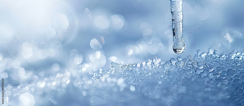 Leinwandbilder A delicate icicle rests on pristine snow, showcasing the allure of simplicity with a focus on the distinctive textures of the frozen ice and snowy surface. Perfect for a close-up image with ample