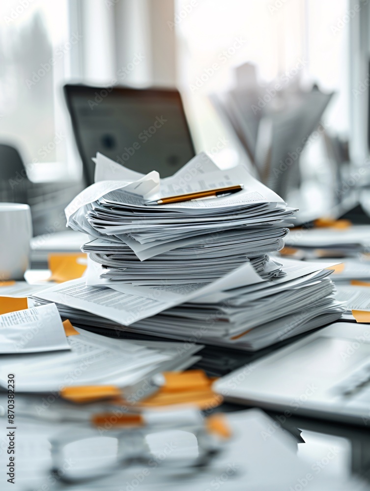 Poster an editorial layout with a financial advisor's desk cluttered with reports and financial documents, 