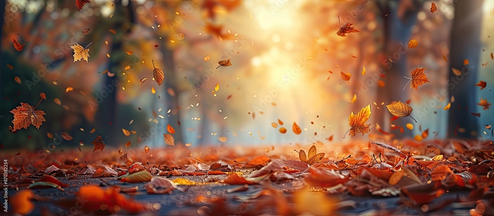 Aufkleber an enchanting autumn park with colorful leaves in the soft glow of the evening sunset awaits in this