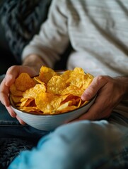 A person is holding a bowl of yellow chips. The person is sitting on the couch