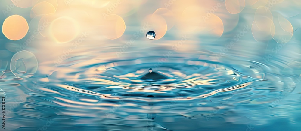 Poster a water droplet creating ripples in serene water, with copy space image.