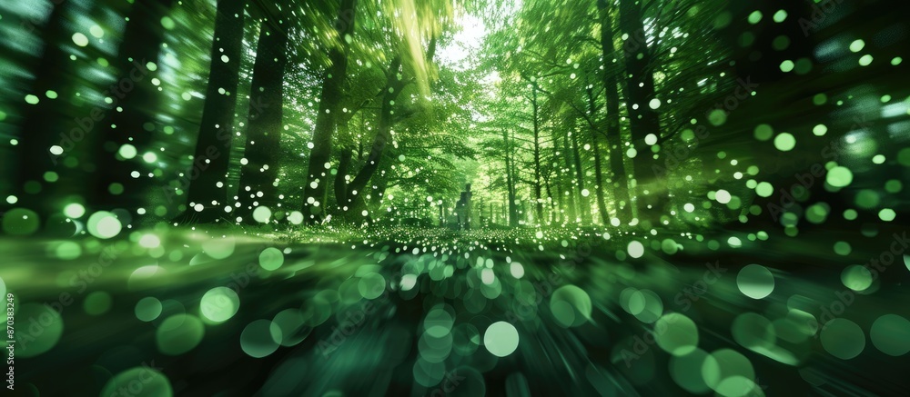 Poster Abstract green light effect creating a blurry and bokeh-filled ambiance within a forest setting, ideal for copy space images.