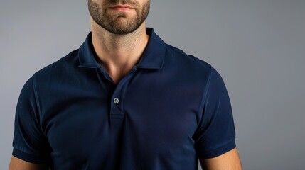 A man modeling a navy blue polo shirt, against a solid gray background.