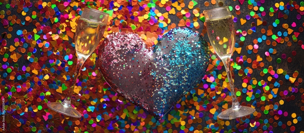 Poster a heart-shaped image crafted from colorful glitter, with two champagne glasses and heart confetti on