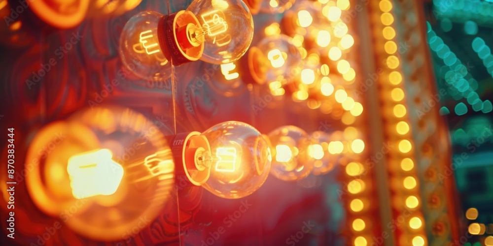Poster a close up of a bunch of light bulbs with a yellowish glow. the bulbs are arranged in a way that the