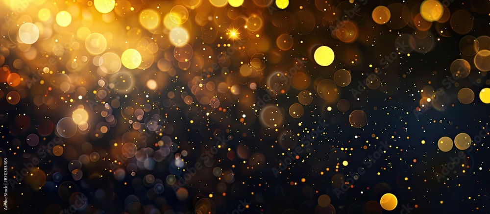 Poster celebrate with an abstract bokeh background in dark black and warm yellow tones, featuring glitterin