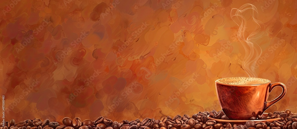 Poster banner featuring a cup of steaming coffee on a background of roasted coffee beans, ideal for design 