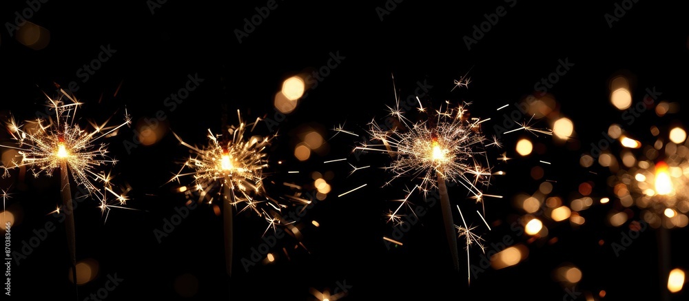 Poster A group of festive sparklers in a close-up low-angle side view over a black background with selective focus, ideal for a copy space image.