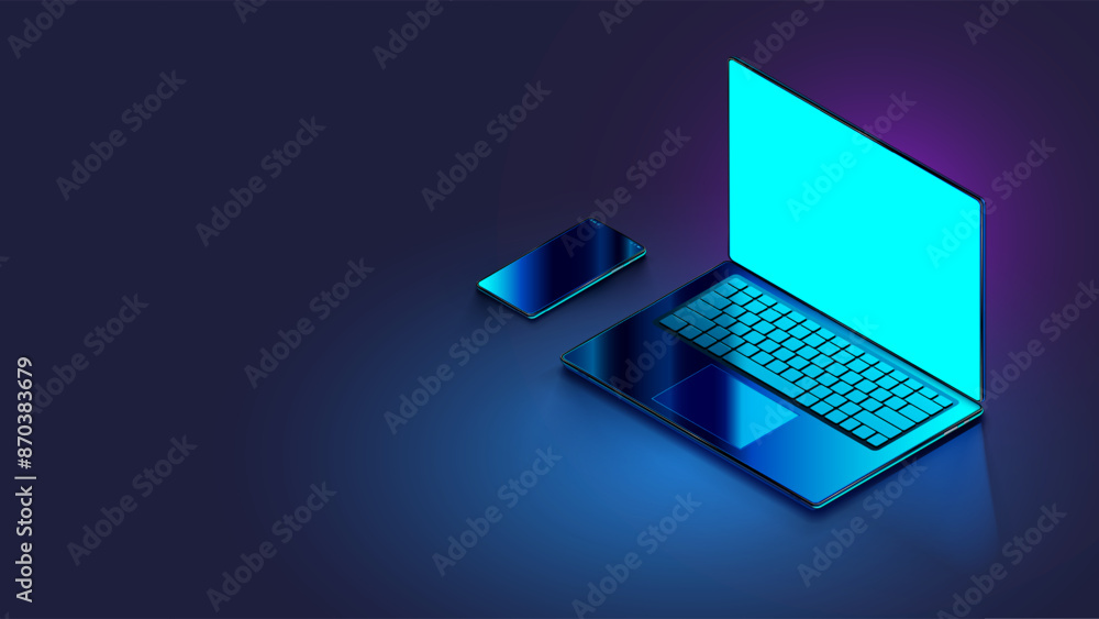 Poster Laptop, phone on desk in dark with empty glowing screen. Isometric vector mockup laptop, smartphone on table. Mobile phone, notebook computer mock up with blank screen. Open laptop isometric view.