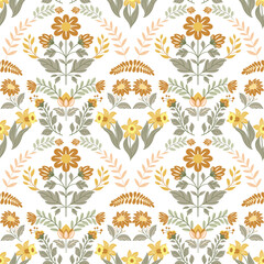 Seamless pattern with folk art design elements. Folk vector illustration with flowers on white background. Scandinavian traditional motif