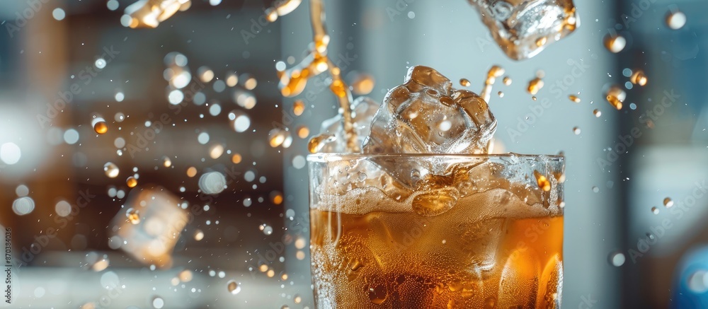 Poster An ice cube falls into an iced coffee glass, creating a refreshing image with a blurred background and selective focus for your copy space image.
