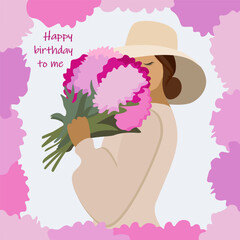 Girl with flower vector illustration. Girl with a bouquet of peonies. Happy birthday greetings