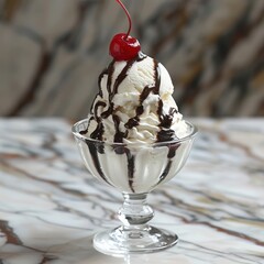 A scoop of vanilla ice cream drizzled with chocolate sauce and topped with whipped cream, served in a glass dessert bowl with a cherry on top, set on a marble table.