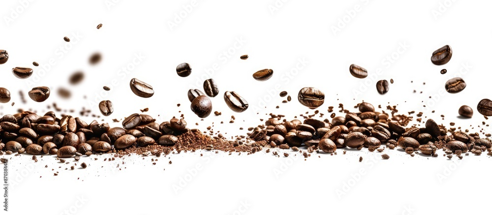 Aufkleber coffee beans in motion with a white backdrop providing copy space image.