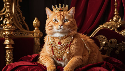 Fototapeta premium A ginger cat wearing a crown and jewelry, sits on a red velvet throne.
