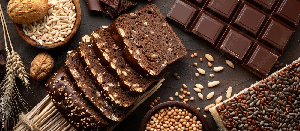 Poster Top-down view of slices of homemade seed bread and a chocolate bar artfully arranged in a traditional Spanish snack display, creating an appealing copy space image.