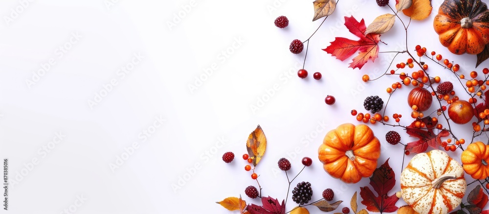 Aufkleber autumn-themed arrangement of leaves, pumpkins, and berries on a white backdrop. suitable for display