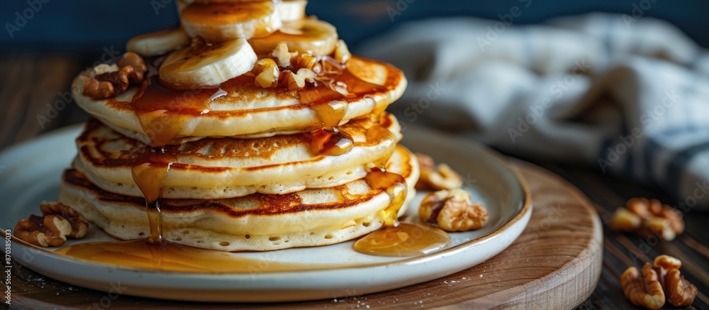 Poster a tempting breakfast scene: fluffy homemade pancakes topped with banana, walnut, and caramel on a da