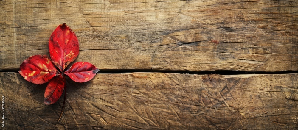 Poster A leaf of a flower placed on a wooden table with a copy space image available.